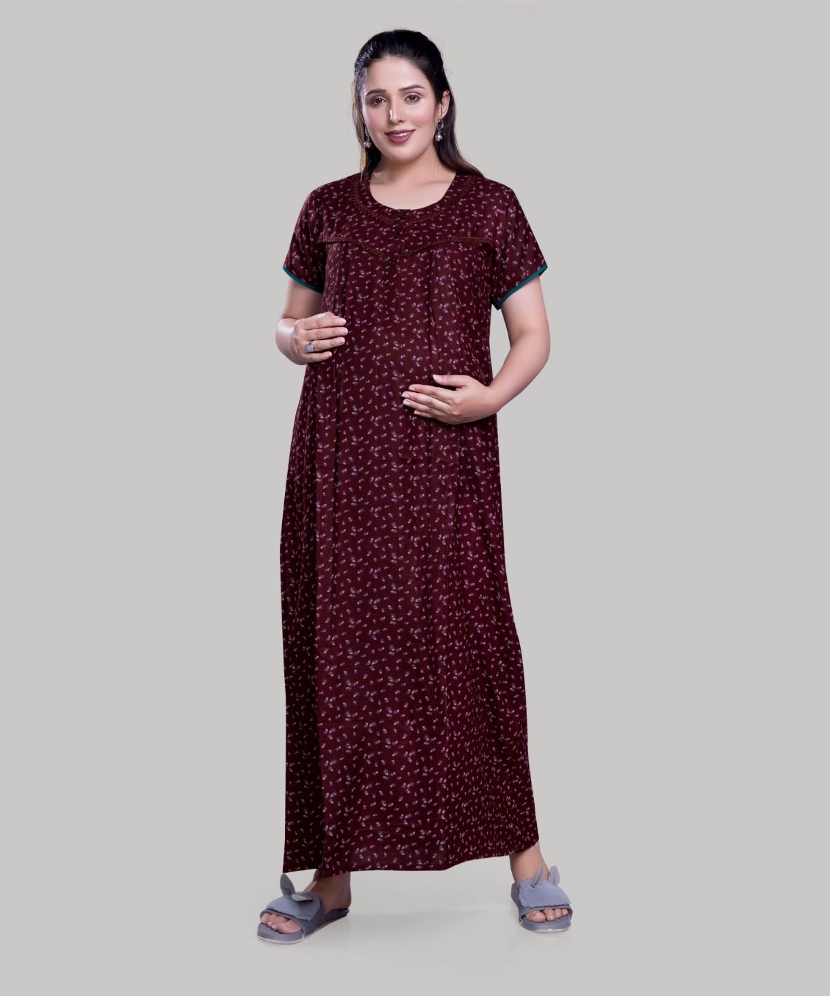 Maternity maroon colored printed maternity long nighty