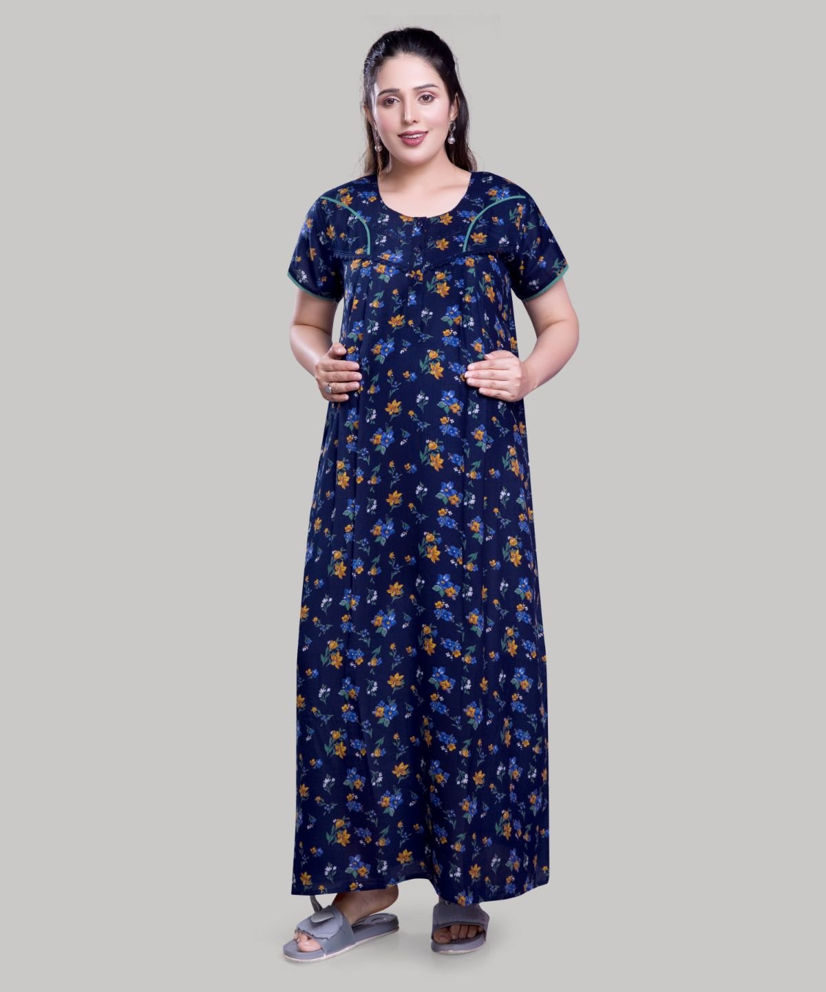 Maternity Navy Blue Floral Long Nighty